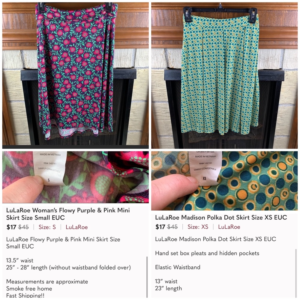 2 LuLaRoe Knee Length XS Polka Dot and Size S Flowers Skirts EUC